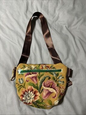 Floral Needlepoint Crossbody Bag in Mustard Yellow with Brown Strap
